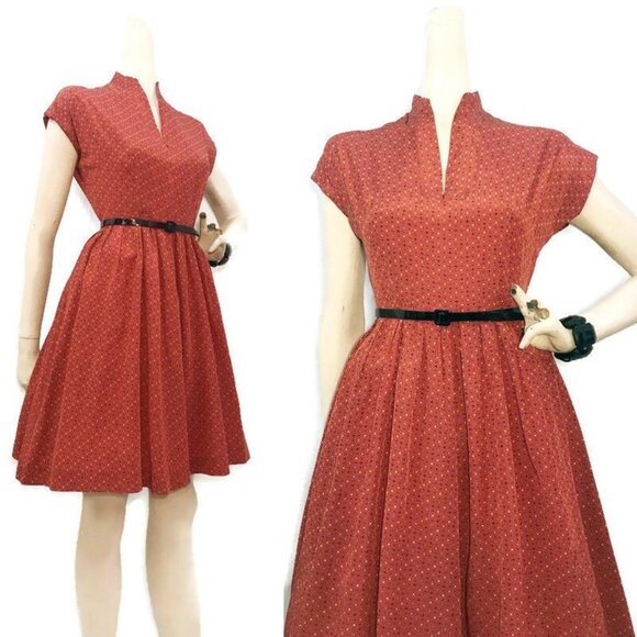 Vintage Dress 1950s 50s Starburst Print Rayon Full Skirt Orange Rockabilly - Picture 3 of 7